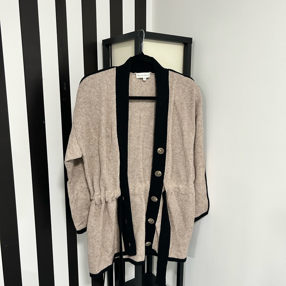 White + Warren Cashmere Cardigan XS Beige Black Trim Open Front Cinched Waist